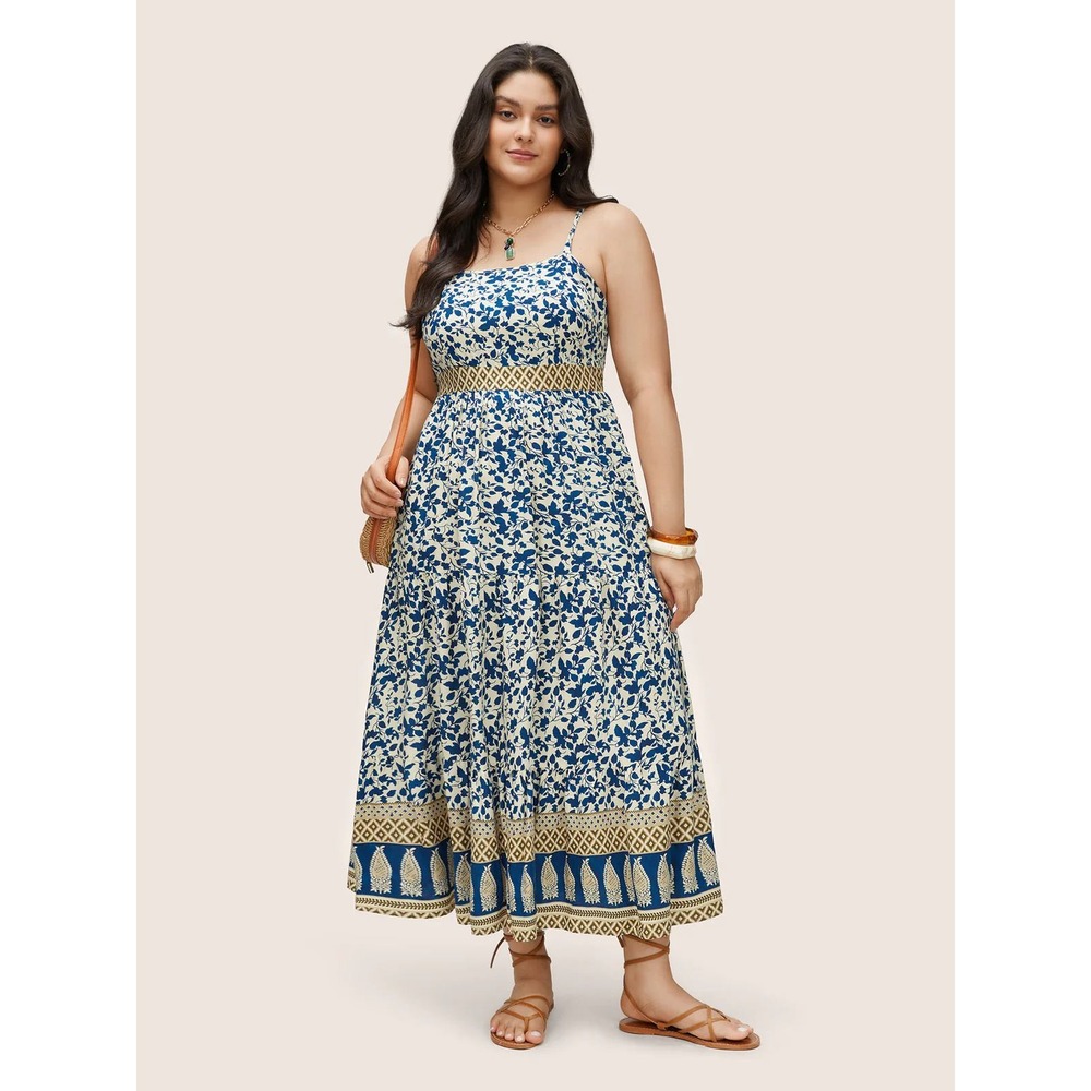 Dress Women 26 4X Floral Tiered Midi Boho Coastal Summer Peasant Cottagecore